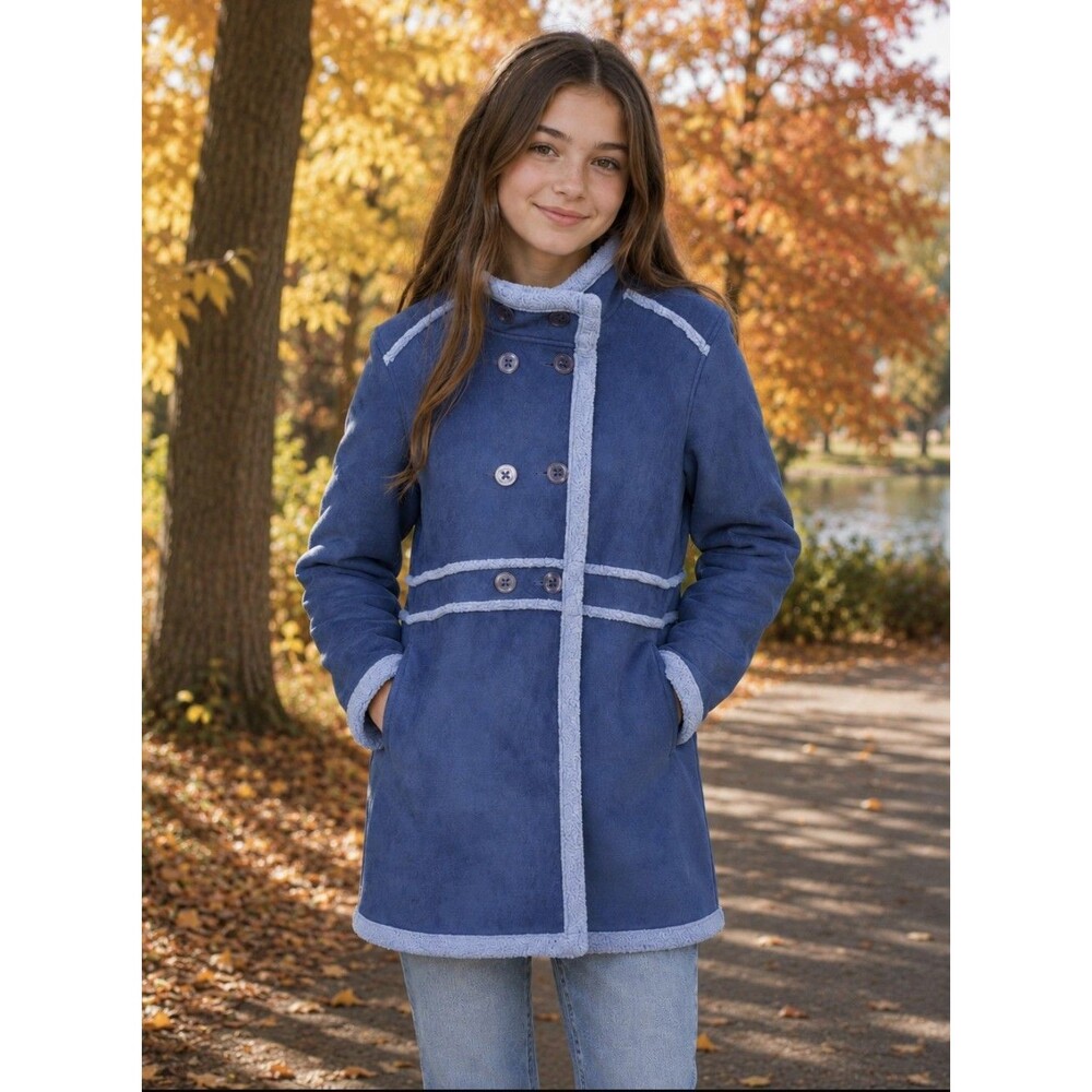 L.L. Bean Faux Suede Sherpa Lined Pea Coat Girls XL 18 Purple Y2k Pockets
